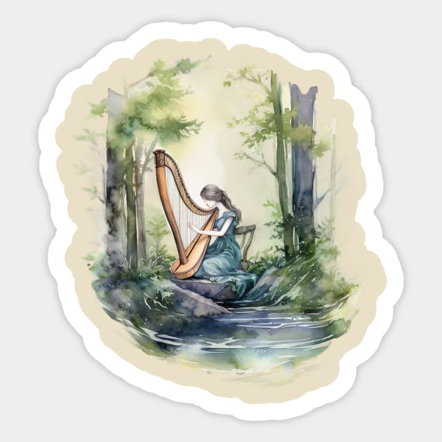 Fairy playing harp in the forest Sticker by Unicorn valley